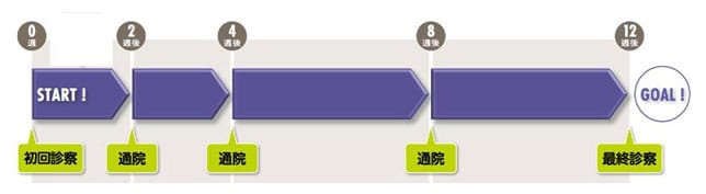 START！初回診療、2週間後に通院、4週間後に通院、8週間後に通院、12週間後に最終通院。GOAL！